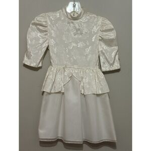 Vintage Miss Quality Girl's‎ Dress Sz 7 Ivory Floral Puff Sleeve Peplum Lace USA
